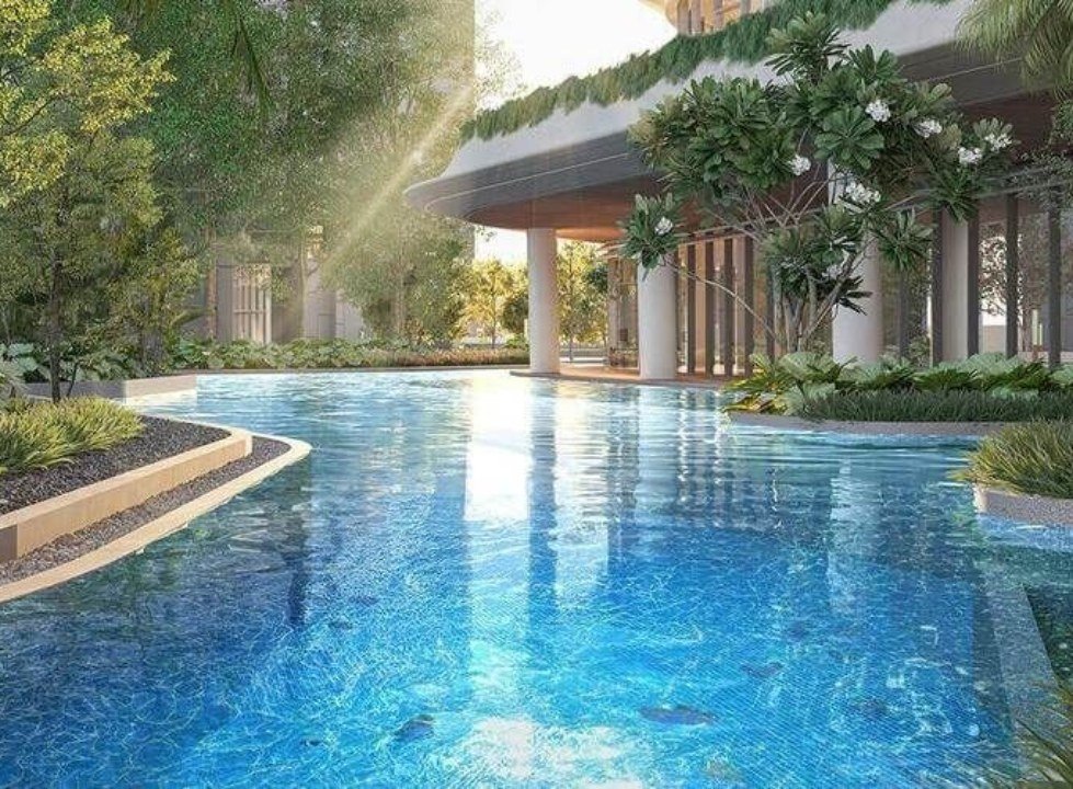 Landscaped pool deck at DLF Privana North